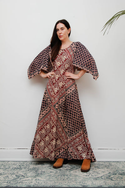 Rare 1970s Indian Cotton Block Print Kaftan Maxi Dress, Bohemian Vintage