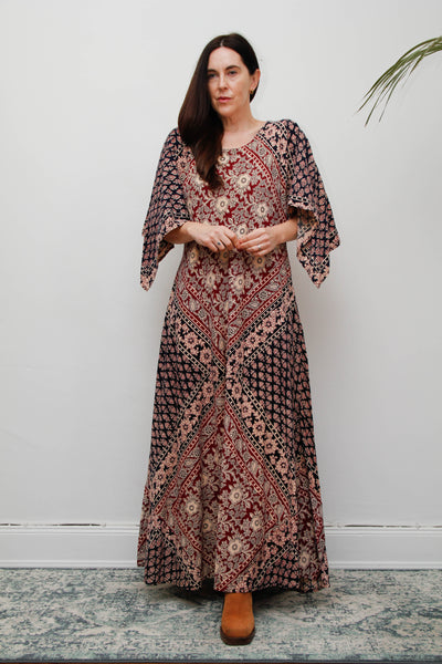 Rare 1970s Indian Cotton Block Print Kaftan Maxi Dress, Bohemian Vintage