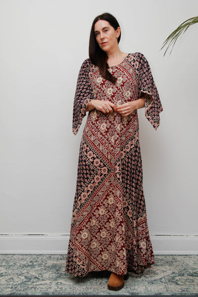 Rare 1970s Indian Cotton Block Print Kaftan Maxi Dress, Bohemian Vintage