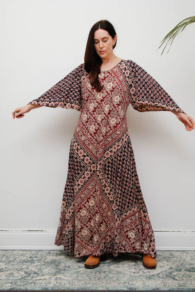 Rare 1970s Indian Cotton Block Print Kaftan Maxi Dress, Bohemian Vintage