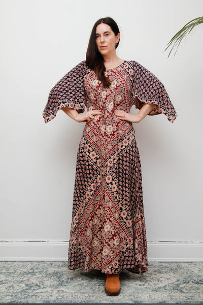 Rare 1970s Indian Cotton Block Print Kaftan Maxi Dress, Bohemian Vintage