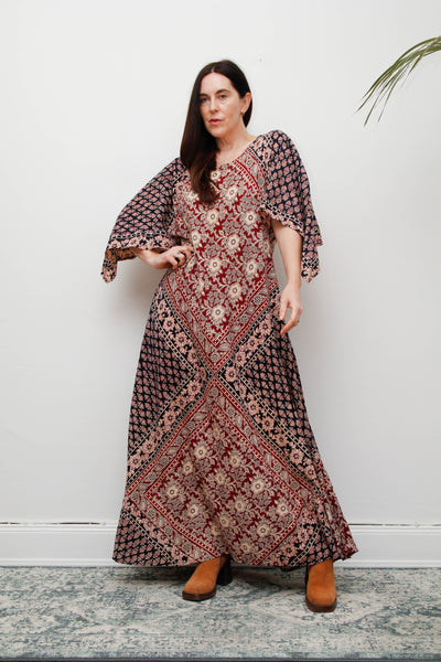 Rare 1970s Indian Cotton Block Print Kaftan Maxi Dress, Bohemian Vintage