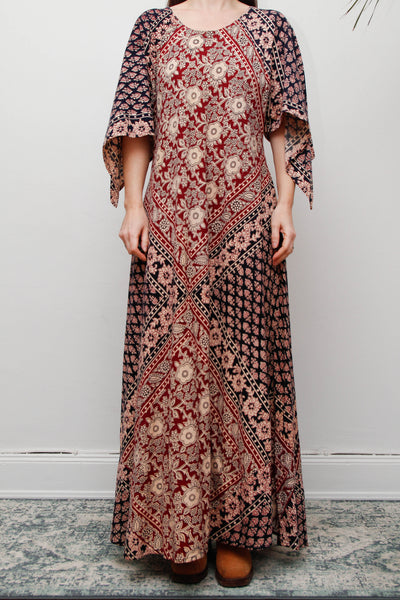 Rare 1970s Indian Cotton Block Print Kaftan Maxi Dress, Bohemian Vintage