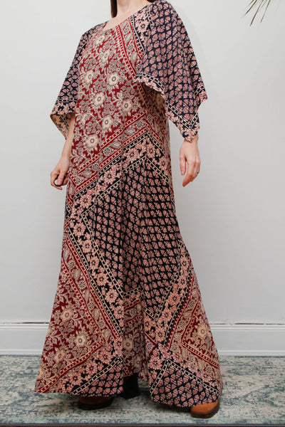 Rare 1970s Indian Cotton Block Print Kaftan Maxi Dress, Bohemian Vintage