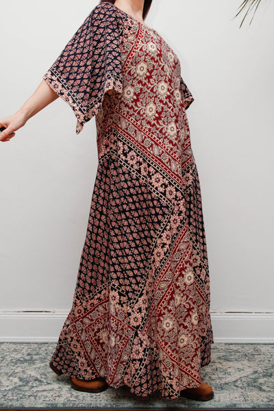 Rare 1970s Indian Cotton Block Print Kaftan Maxi Dress, Bohemian Vintage
