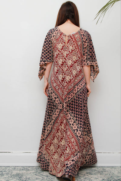 Rare 1970s Indian Cotton Block Print Kaftan Maxi Dress, Bohemian Vintage