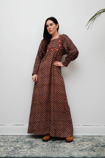70's Indian Cotton Block Printed Cotton Maxi Dress