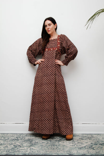 70's Indian Cotton Block Printed Cotton Maxi Dress