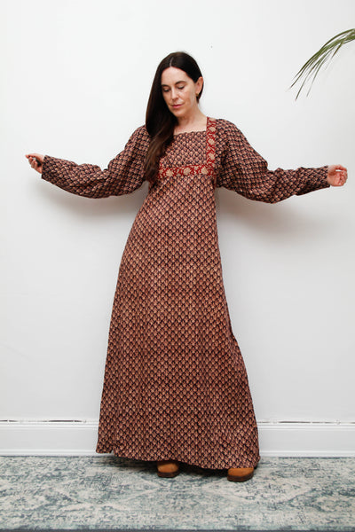 70's Indian Cotton Block Printed Cotton Maxi Dress