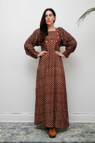 70's Indian Cotton Block Printed Cotton Maxi Dress