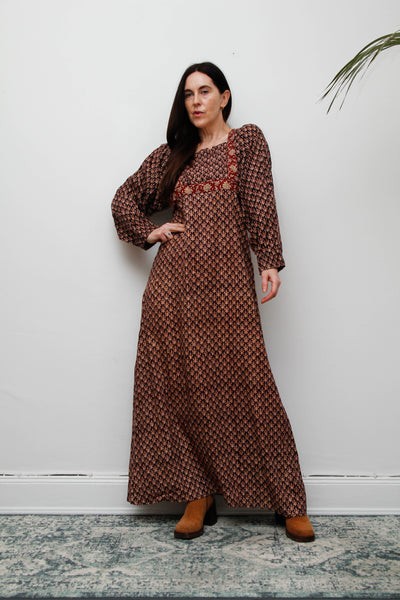 70's Indian Cotton Block Printed Cotton Maxi Dress