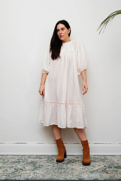 1970's Cream Pastel Floral Mexican Cotton Gauze Dress