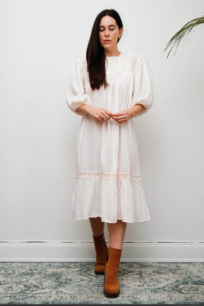 1970's Cream Pastel Floral Mexican Cotton Gauze Dress