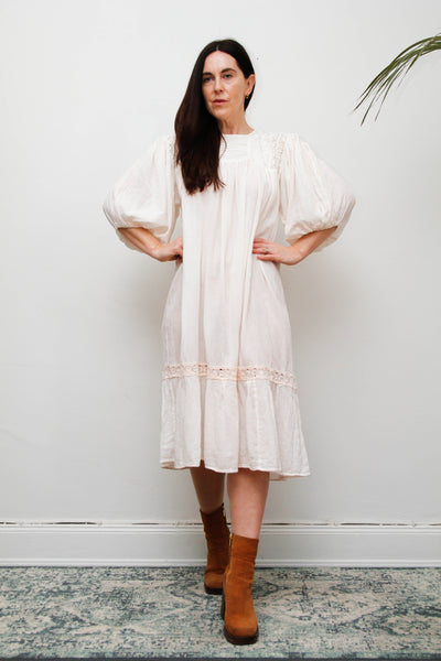 1970's Cream Pastel Floral Mexican Cotton Gauze Dress