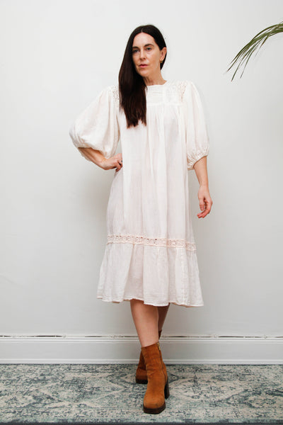 1970's Cream Pastel Floral Mexican Cotton Gauze Dress