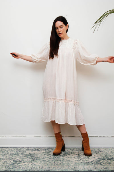 1970's Cream Pastel Floral Mexican Cotton Gauze Dress