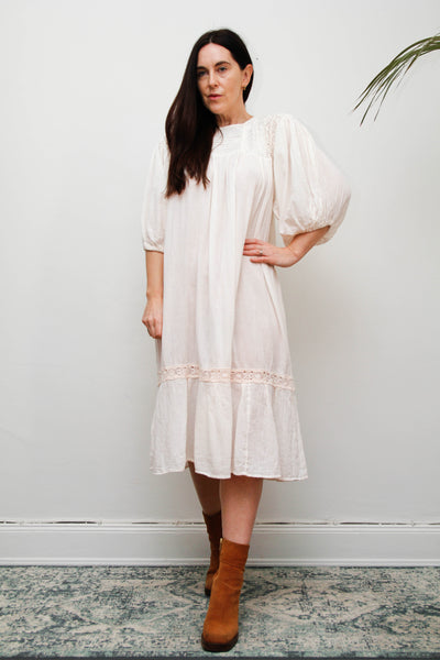1970's Cream Pastel Floral Mexican Cotton Gauze Dress