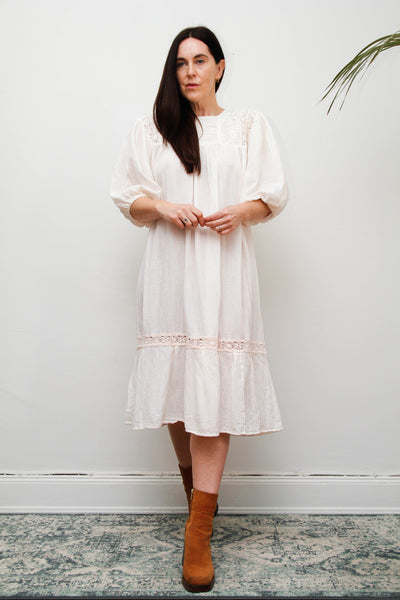 1970's Cream Pastel Floral Mexican Cotton Gauze Dress