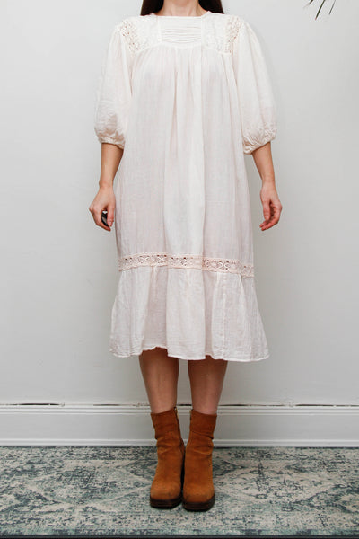 1970's Cream Pastel Floral Mexican Cotton Gauze Dress