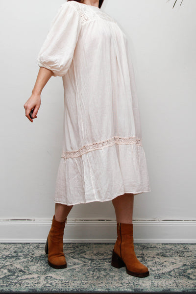 1970's Cream Pastel Floral Mexican Cotton Gauze Dress