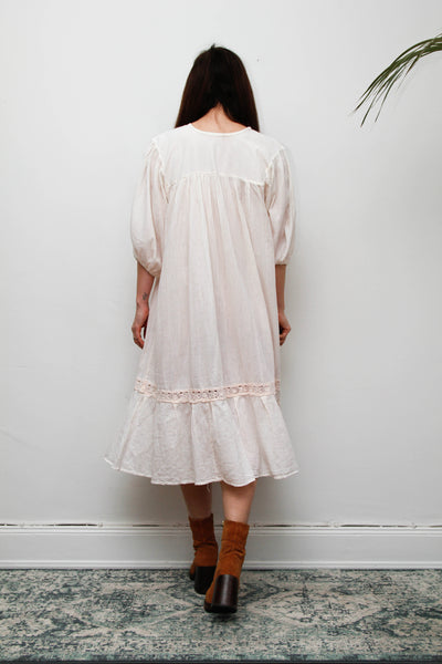 1970's Cream Pastel Floral Mexican Cotton Gauze Dress