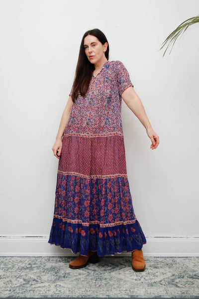 Vintage Indian Cotton Gauze Maxi Dress - Pink & Purple Floral Bohemian
