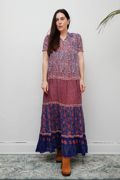 Vintage Indian Cotton Gauze Maxi Dress - Pink & Purple Floral Bohemian