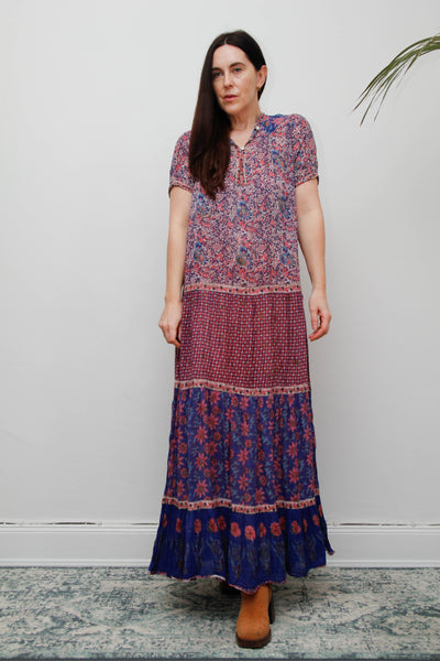 Vintage Indian Cotton Gauze Maxi Dress - Pink & Purple Floral Bohemian