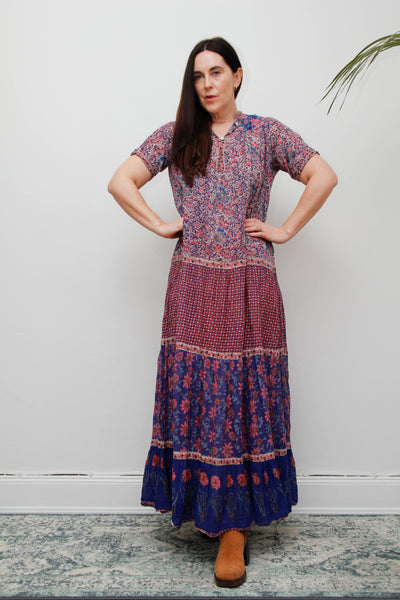 Vintage Indian Cotton Gauze Maxi Dress - Pink & Purple Floral Bohemian