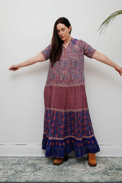 Vintage Indian Cotton Gauze Maxi Dress - Pink & Purple Floral Bohemian