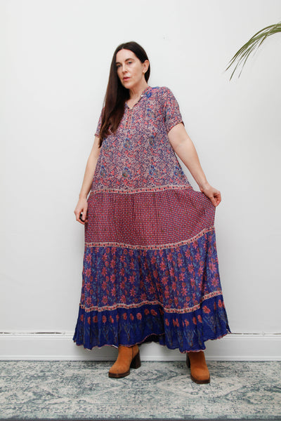 Vintage Indian Cotton Gauze Maxi Dress - Pink & Purple Floral Bohemian