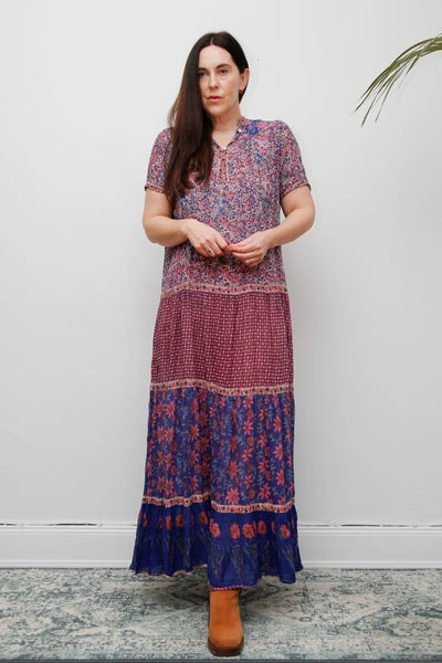 Vintage Indian Cotton Gauze Maxi Dress - Pink & Purple Floral Bohemian