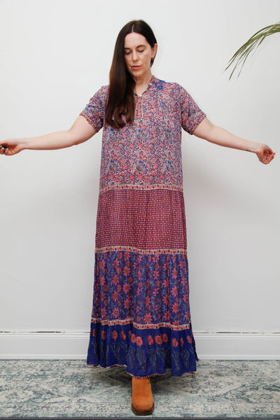 Vintage Indian Cotton Gauze Maxi Dress - Pink & Purple Floral Bohemian