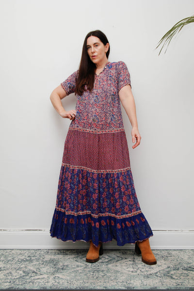 Vintage Indian Cotton Gauze Maxi Dress - Pink & Purple Floral Bohemian