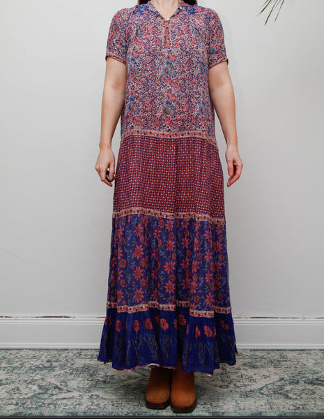 Vintage Indian Cotton Gauze Maxi Dress - Pink & Purple Floral Bohemian