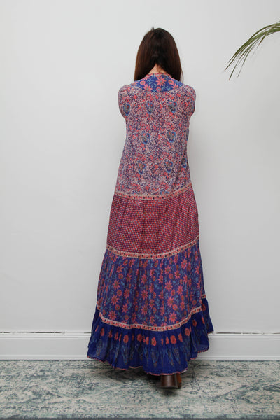 Vintage Indian Cotton Gauze Maxi Dress - Pink & Purple Floral Bohemian
