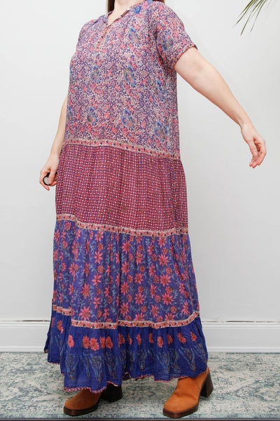 Vintage Indian Cotton Gauze Maxi Dress - Pink & Purple Floral Bohemian