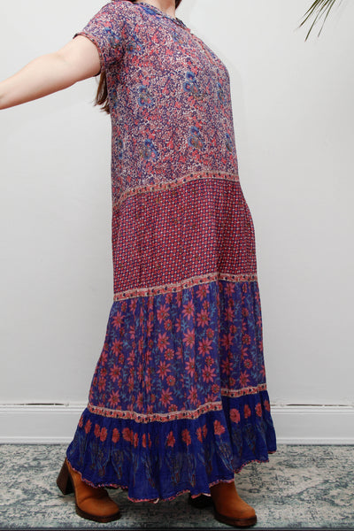 Vintage Indian Cotton Gauze Maxi Dress - Pink & Purple Floral Bohemian