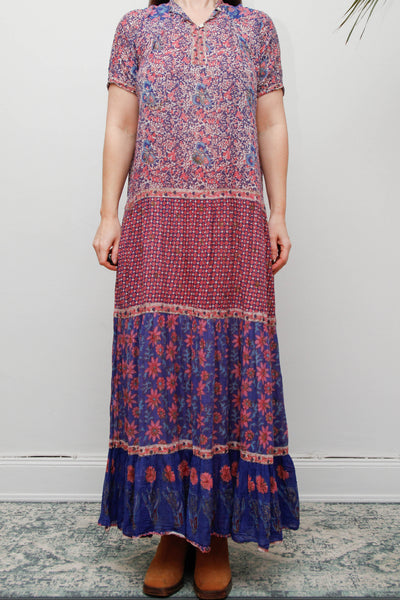 Vintage Indian Cotton Gauze Maxi Dress - Pink & Purple Floral Bohemian