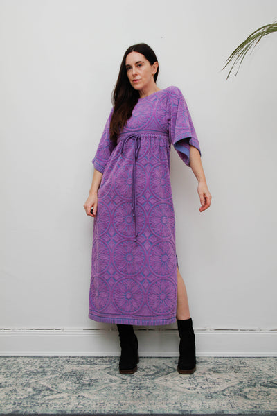 Rare Vintage 1970s Toweling Kaftan Dress - Purple Paisley Cotton