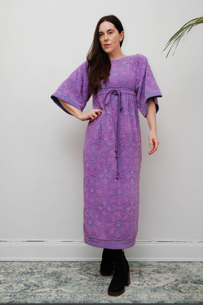 Rare Vintage 1970s Toweling Kaftan Dress - Purple Paisley Cotton