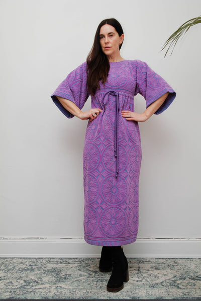 Rare Vintage 1970s Toweling Kaftan Dress - Purple Paisley Cotton