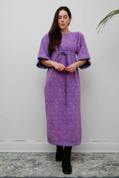 Rare Vintage 1970s Toweling Kaftan Dress - Purple Paisley Cotton