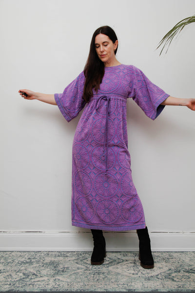 Rare Vintage 1970s Toweling Kaftan Dress - Purple Paisley Cotton