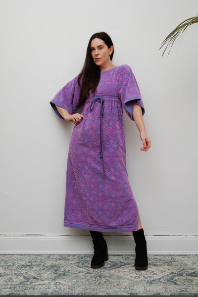 Rare Vintage 1970s Toweling Kaftan Dress - Purple Paisley Cotton