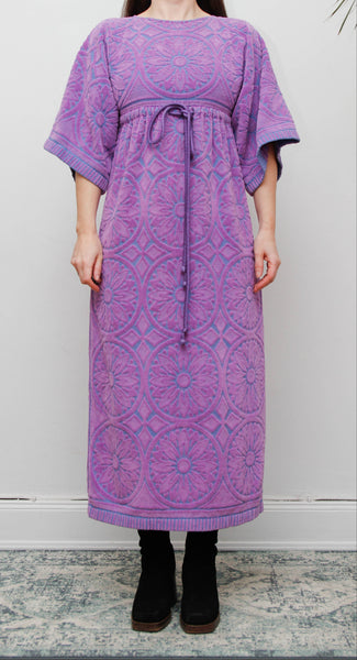 Rare Vintage 1970s Toweling Kaftan Dress - Purple Paisley Cotton