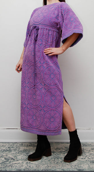 Rare Vintage 1970s Toweling Kaftan Dress - Purple Paisley Cotton