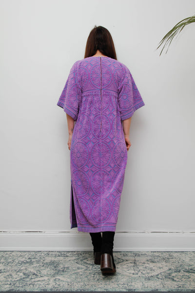 Rare Vintage 1970s Toweling Kaftan Dress - Purple Paisley Cotton