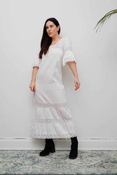 Vintage Mexican Cotton Kaftan Dress - White Crochet Lace Bohemian