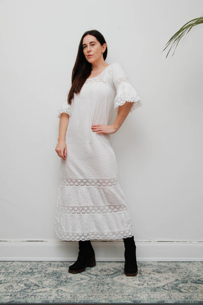 Vintage Mexican Cotton Kaftan Dress - White Crochet Lace Bohemian